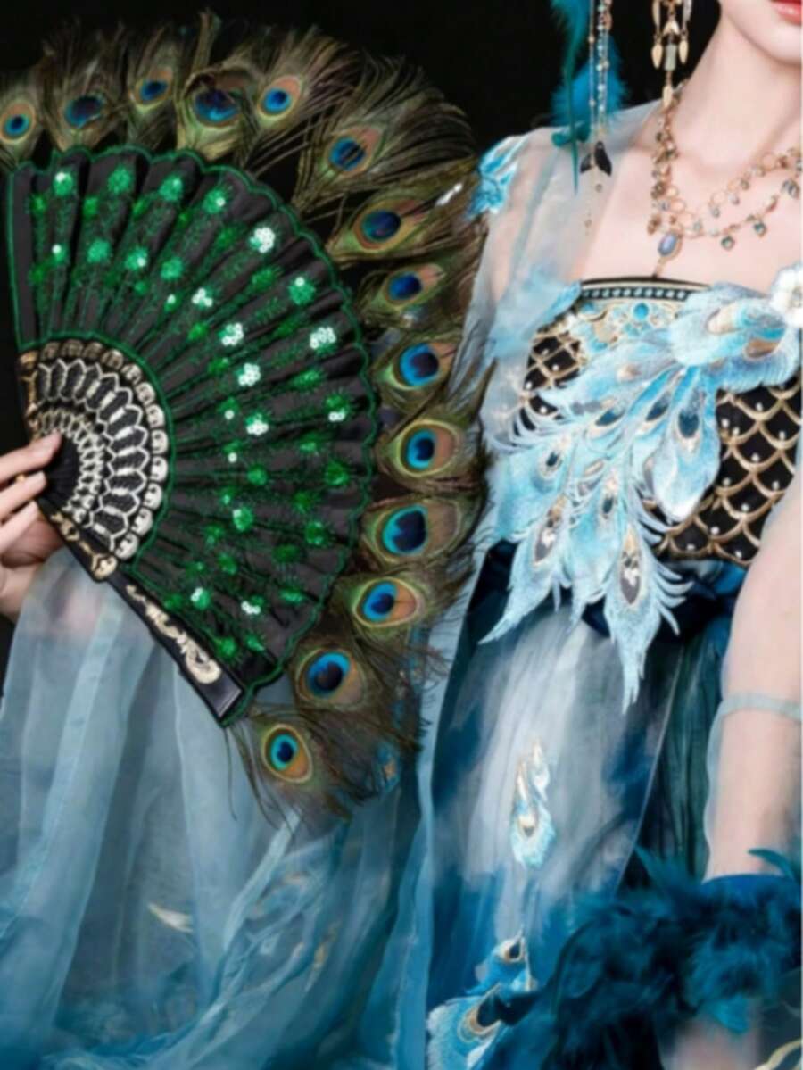 孔雀羽毛折扇,流苏装饰,传统汉服舞蹈配饰,女士便携式扇子,装饰礼品,适合毕业季、夏季降温、海滩、旅行、春夏、伴娘礼物、室内卧室装饰 - 多款 - 查看 1