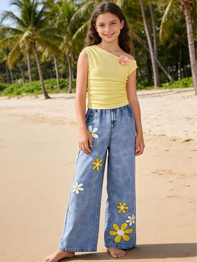 Sweet & Fashionable 2-Piece Set For Tween Girls, Including Yellow Fitted Asymmetrical Shoulder Top And 3D Butterfly Orchid Print Denim Effect Pants, Made Of Pleated Fabric With Noodle Texture, Suitable For Daily Life, Vacation, Festivals, Vibrant & Cute Set, Ideal For Holiday, Graduation Party, Summer Wear