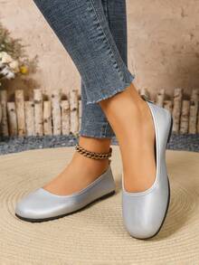 Women's Square Toe Flat Loafers, Soft Leather Soft Bottom Comfortable Lightweight Casual Slip-On Shoes, Versatile And Easy To Wear - Silver - View 2