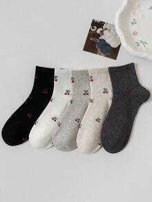 5 Pairs Cherry Print Socks For Women, Thin Fashionable Short Socks With Full Coverage Fruit Cherry Pattern, Soft Breathable Non-Binding White Student Socks, Versatile Must-Have (Random Color) - Multicolor - View 1