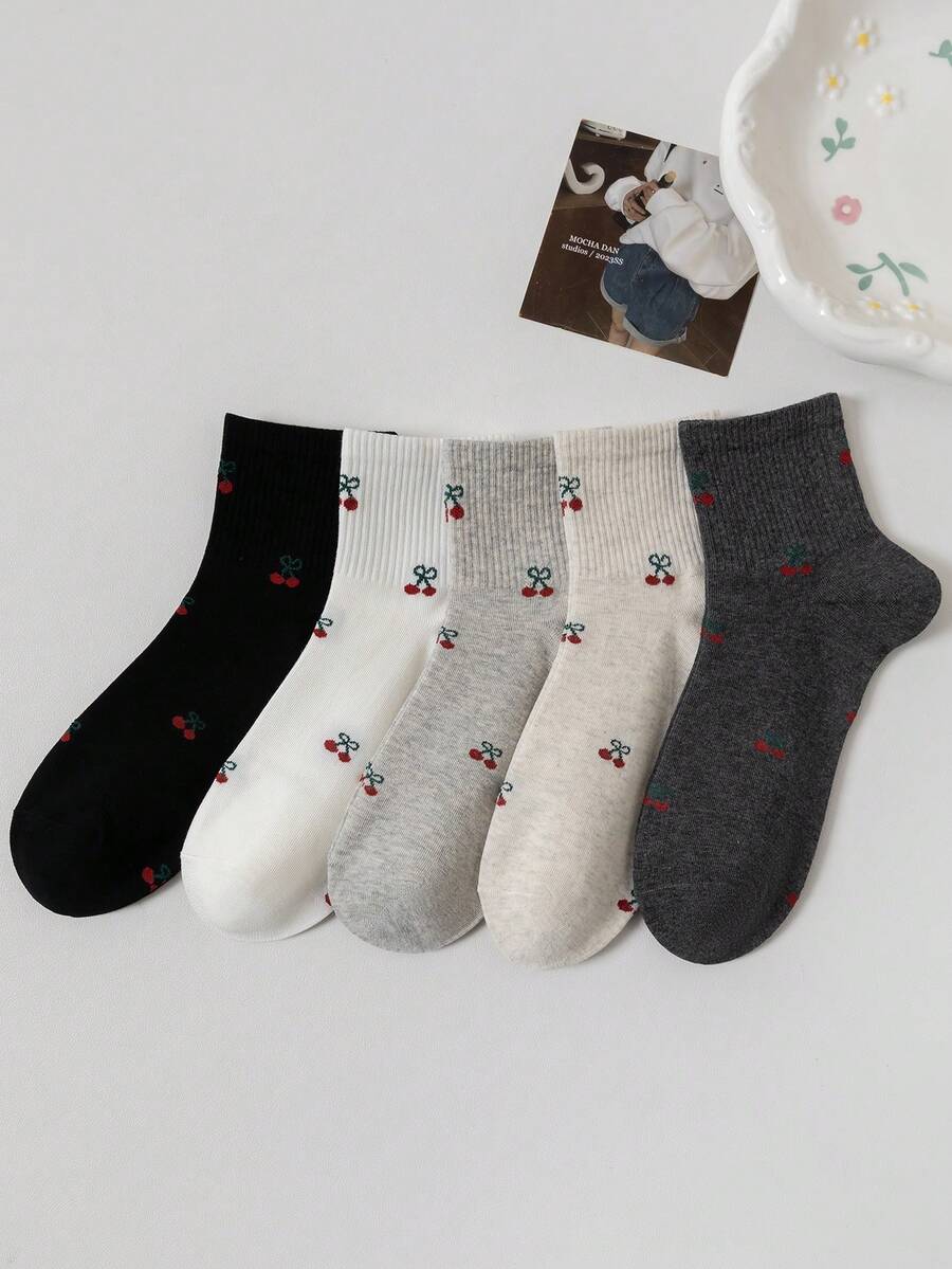 5 Pairs Cherry Print Socks For Women, Thin Fashionable Short Socks With Full Coverage Fruit Cherry Pattern, Soft Breathable Non-Binding White Student Socks, Versatile Must-Have (Random Color) - Multicolor - View 1