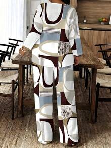 A Set Of Casual Comfortable Linen Woven Simple Abstract Curve Geometric Texture Women's Daily Commute & Home Leisure Summer Daily Gift Orange & White Abstract Curve Geometric Pattern Women's V-Neck Long Sleeve Pants Two-Piece Set - 彩色 - 查看 3