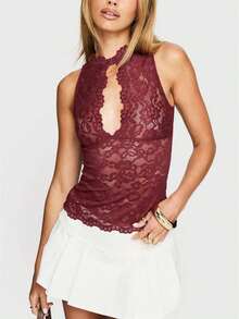 Women's Lace Tank Top Y2K Sheer Lace Slim Fit Blouse Summer Front Keyhole Slim Fit Vest Crew Neck Crop Tops Elegant Lace Cami Tops Casual Going Out Blouse - 酒紅色 - 查看 1