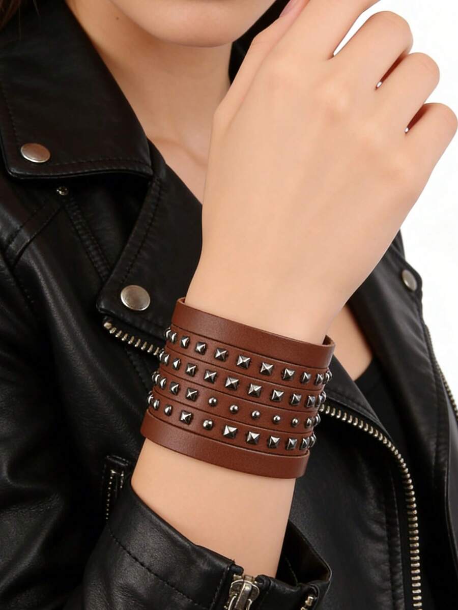 1pc Leather Bracelet, Personalized Rivet Wide Cuff Bracelet, Punk Style Stage Performance Accessory, Unisex, Nightclub Decor, Gift For Boyfriend - Bracelet - View 1