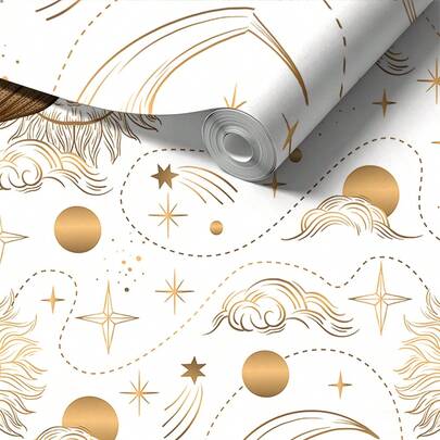 Gilded Cloud Language" Self-Adhesive Waterproof Wall Sticker, Gently Outlines Clouds, Stars And Dots With Gilded Lines On A Pure White Background. Made Of Waterproof Material And Delicate Foil Stamping Craft, Suitable For Bathrooms, Kitchens, Bedrooms, Corridors And Space Dividers, Adding A Simple Yet Brilliant Modern Poetic Touch To Your Home.