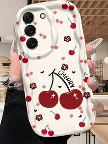 Creative Lucky Cherry Blossom Flower Print Wavy Edge Protective Phone Case Compatible With Samsung A14/A15/A16/A17/A04/A05/A06/A07/A54/A55/A56/A57/A34/A35/A36/A37/S26/S26Plus/S26Ultra/Transsion SMART 7/8/9/10/Honor 400/400Pro/200/200Pro/X7C/X8C/X9C/ 10C/13C - White - View 5