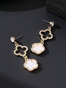 1 Đôi bông tai mặt dây chuyền hình cỏ bốn lá và cỏ năm lá rỗng, sang trọng, thanh lịch dành cho nữ, phong cách bãi biển (Không kèm hộp quà) - Vàng - Xem 2