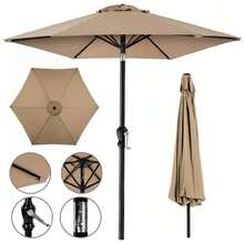 2m Outdoor Table Umbrella, Table Umbrella With Tilt Button And Crank, 6 Ribs, UV Protection, For Garden, Lawn, Terrace, Backyard, Pool, Khaki Color - 2m - View 1