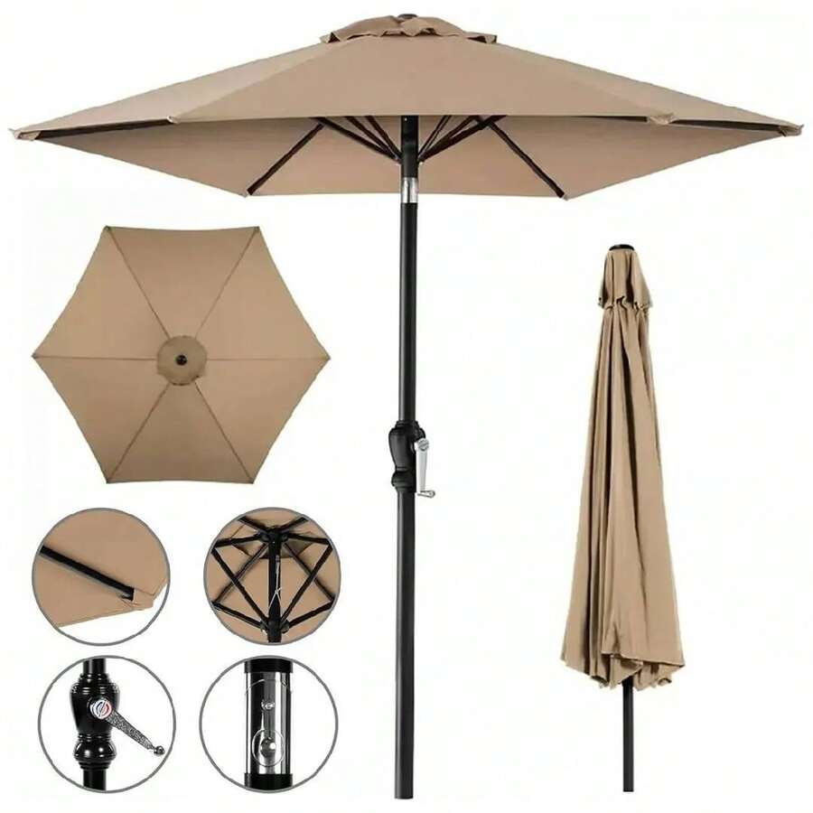 2m Outdoor Table Umbrella, Table Umbrella With Tilt Button And Crank, 6 Ribs, UV Protection, For Garden, Lawn, Terrace, Backyard, Pool, Khaki Color - 2m - View 1