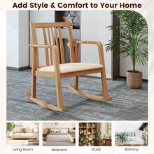Rocking Chair With Cushioned Seat, Slatted Back & Curved Armrests For Living Room - Tự nhiên - Xem 6
