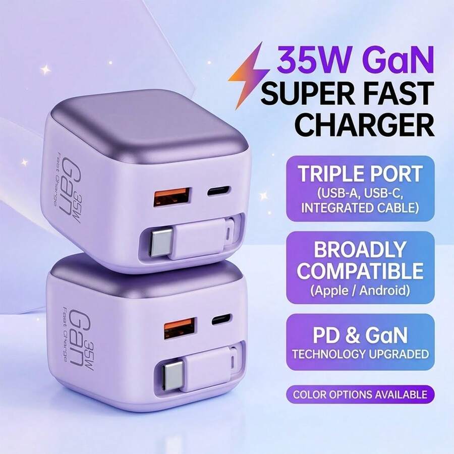 35W GaN 墙式充电器，美规插头 USB-C 充电器，快充适配器，带 USB A+C 双端口，附带 Type-C 数据线，兼容 17/16/15，充电套装 - 美規A型插(110-127V) - 查看 1