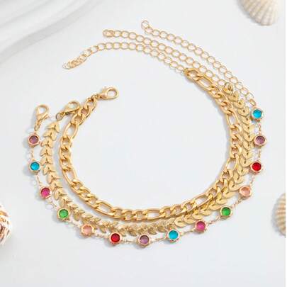 Bộ 3 chiếc vòng chân phong cách Bohemian, đính pha lê nhiều màu sắc, họa tiết lá hình học bằng kim loại, dạng dây xích, nhiều lớp, thích hợp cho nữ.