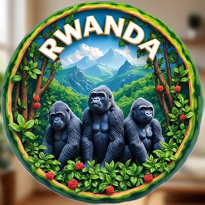 Một cánh cửa dẫn vào những ngọn núi lửa mờ sương: Nam châm hình khỉ đột núi Rwanda với khung rừng mưa và chi tiết về loài linh trưởng, núi lửa và tre – Sự bảo vệ của khỉ đột dành cho tủ lạnh của bạn.