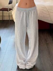 女士浅灰色阔腿裤，松紧腰抽绳宽松直筒裤，带口袋，适合日常休闲穿着 - 灰色 - 查看 1