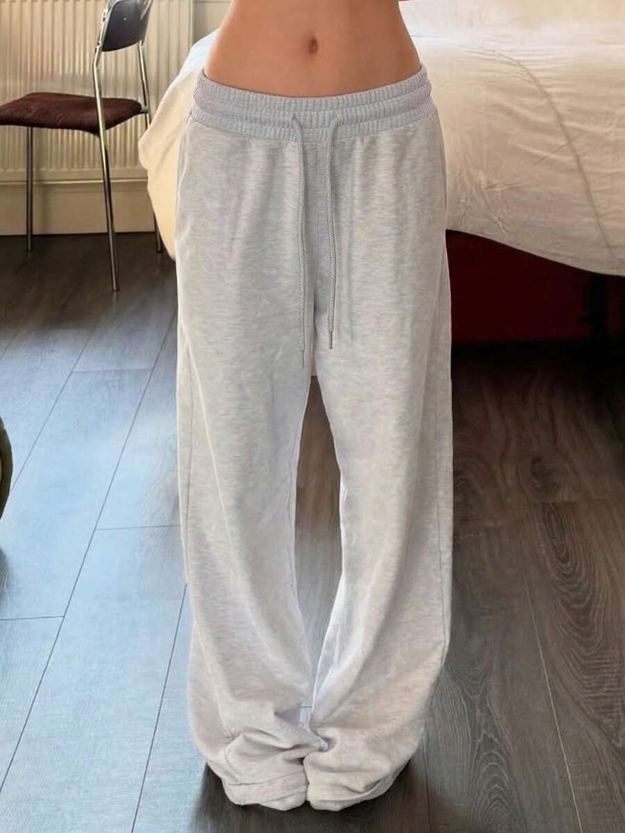 女士浅灰色阔腿裤，松紧腰抽绳宽松直筒裤，带口袋，适合日常休闲穿着 - 灰色 - 查看 1