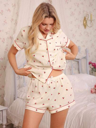 Conjunto de Pijama Estampa de Cereja para Mulheres, Top com Botão Abotoado Doce e Fofo com Gola e Shorts com Laço, Roupa de Dormir e Loungewear
