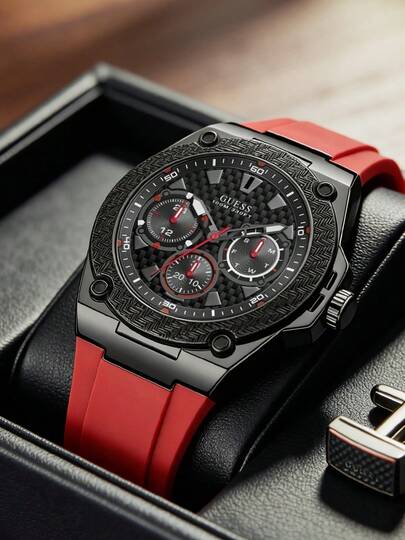 Guess 男士时尚运动手表 W1049G6 黑红多功能表盘硅胶表带休闲腕表，男士礼物
