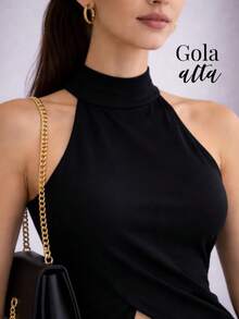 Women's Longline Blouse With Asymmetrical Side Cutout, High Neck, Elegant, Flowy, Modern - 黑色 - 查看 6