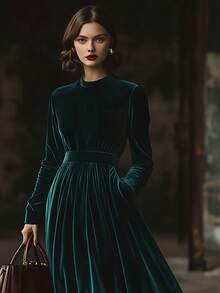 Elegant Women's Velvet A-Line Long Dress With Round Neck And Long Sleeves, Perfect For Fall And Winter Occasions - 墨綠色 - 查看 1
