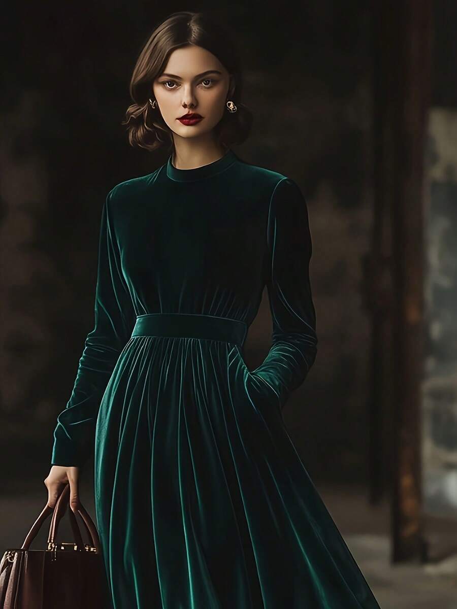 Elegant Women's Velvet A-Line Long Dress With Round Neck And Long Sleeves, Perfect For Fall And Winter Occasions - 墨綠色 - 查看 1