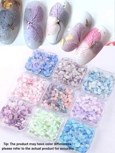 彩色亮片美甲花朵，1盒，7.5x7.5厘米，人造花，春夏美甲装饰，美丽优雅，大花瓣渐变粉色、紫色和蓝色，花卉美甲配件，适用于亚克力美甲，DIY手工配件。