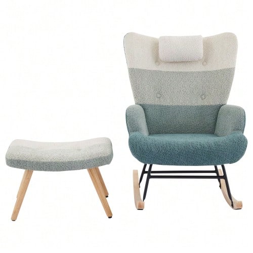 Bouclé Rocking Chair, Rocking Chair With Colorful Patchwork Stripe Print, Rubberwood Legs, Injected Iron Frame, Lounge Chair, Bedroom Chair With Footrest. - Multicolor - View 1