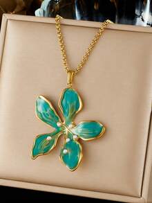 1件 时尚波西米亚乡村风滴油渐变不规则花朵吊坠不锈钢项链 - 綠色 - 查看 6