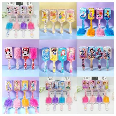 Disney 迪士尼卡通人物闪光发梳系列——小熊维尼、疯狂动物城和公主印花顺发梳，透明手柄，彩色亮片，柔软尼龙刷毛，温和呵护头皮，多种款式可选，适合日常发型设计，粉丝收藏佳品。