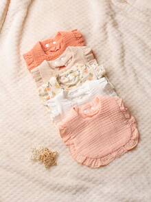 5pcs Baby Bibs, 100% Cotton Material, Ruffle Floral U-Shaped Burp Cloths, Soft & Breathable, Suitable For Newborns, Solid Color, Spring/Summer Baby Gift - Multicolor - View 3