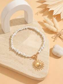 1 chiếc vòng cổ đính hạt ngọc lam trắng với mặt dây chuyền hình mặt trời bằng kim loại, trang sức thời trang dành cho nữ giới đeo hàng ngày và đi nghỉ mát, kích thước và hình dạng đá được chọn ngẫu nhiên. - Nhiều màu - Xem 3