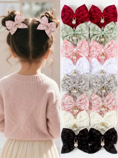 8 chiếc nơ vải jacquard 3D trơn màu cổ điển, mặt dây chuyền ngọc trai, hoa, kẹp tóc trang trí hình đuôi én, phụ kiện tóc dễ thương cho bé gái phong cách học đường, thích hợp để đeo hàng ngày và dự tiệc