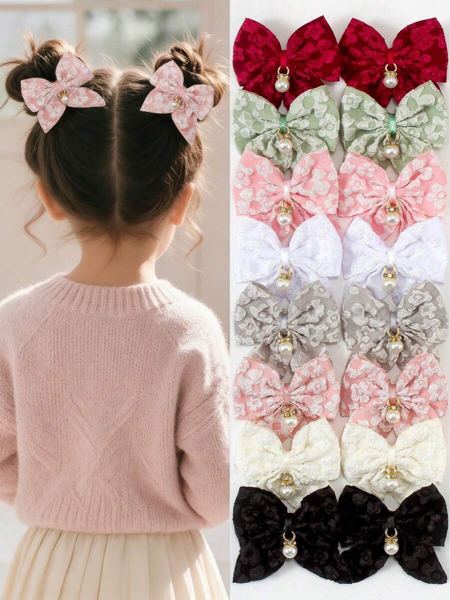 8件套复古纯色3D提花布料蝴蝶结、珍珠吊坠、花朵、燕尾装饰发夹，可爱女孩校园风发饰，适合日常佩戴和派对场合 - 彩色 - 查看 1