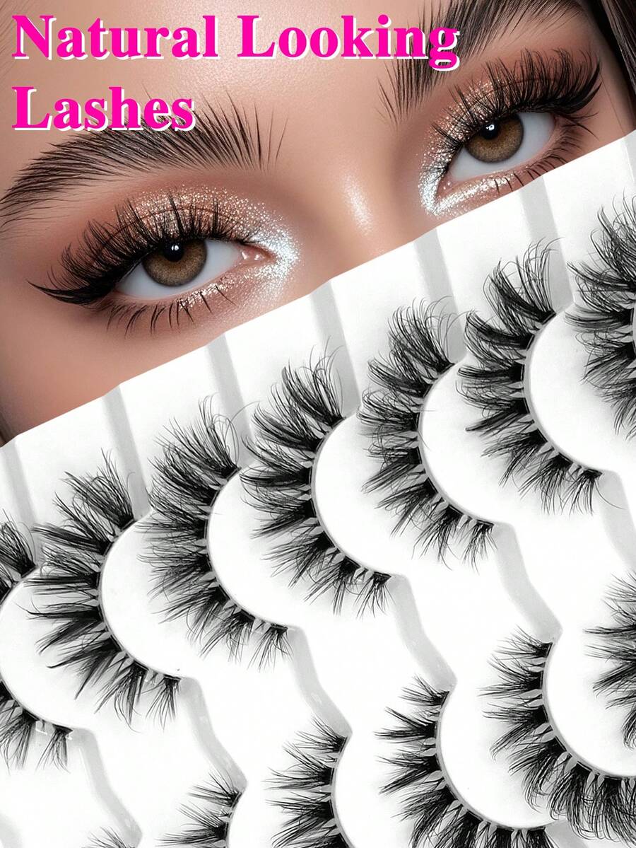 ENCHUW 7 pares de pestañas postizas naturales con banda transparente, pestañas cruzadas y aspecto natural para extensión de pestañas y maquillaje - Negro - Ver 1