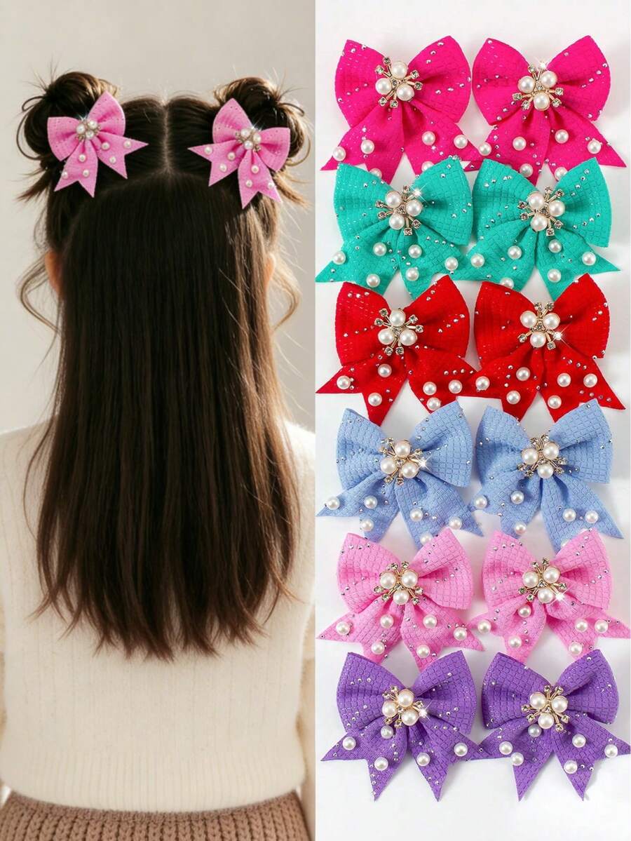 6pcs Candy Color Rhinestone Textured Bow Hairpins, Elegant Pearl Crystal Solid Color Barrettes, Graceful Girl Princess Hair Accessories For Daily Wear And Party