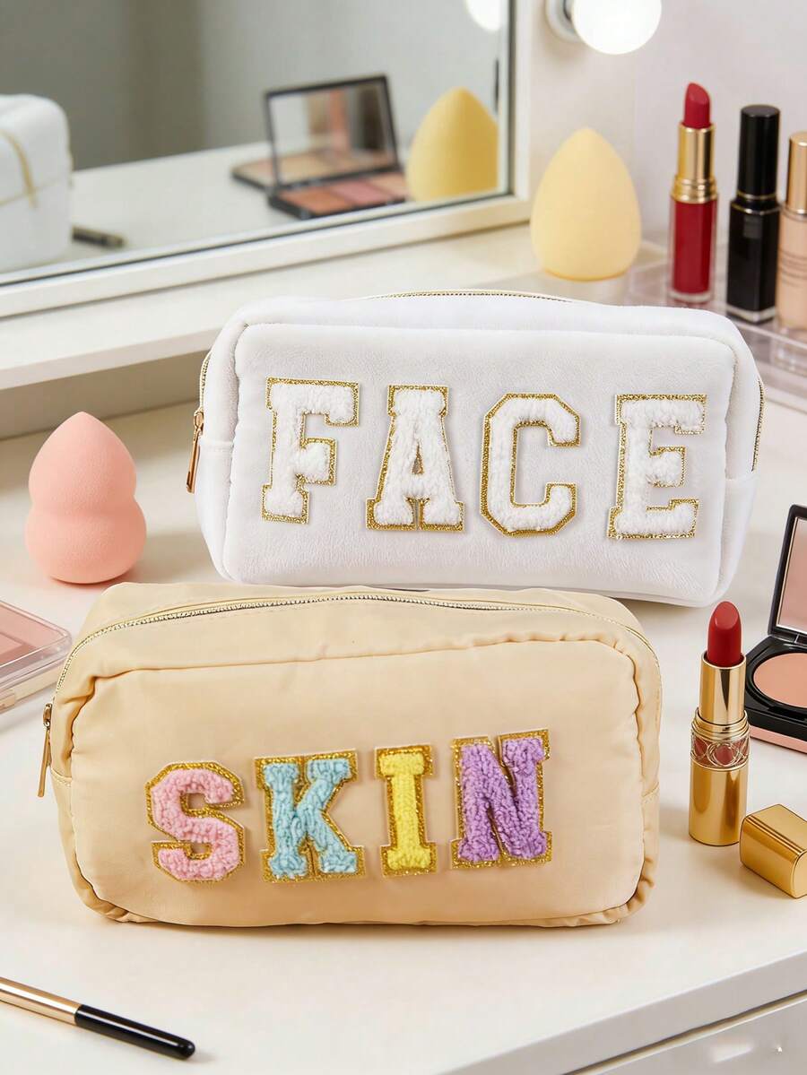 定制高品质雪尼尔刺绣洗漱包，字母化妆包，大容量收纳袋 - 彩色 - 查看 1