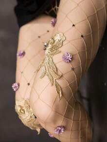 Sexy Floral Bee Fishnet Stockings, Handmade Breathable Mesh Pantyhose, Stylish Tights - Quả mơ - Xem 3