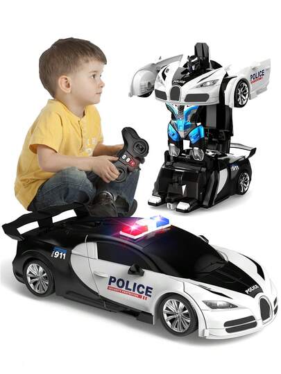 1pc Kids One-Key Transforming Remote Control Car, Highly Realistic Supercar Appearance With 911 Markings, Supports Smooth Transformation Between Cool Sports Car And Powerful Robot Modes, With Red & Blue Sirens And Bright Headlights