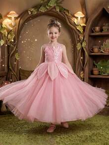 Đầm dự tiệc màu hồng thanh lịch cho bé gái tuổi teen, thiết kế cánh hoa đính sequin, lưng khoét hở phối lưới, đầm dự tiệc trang trọng, đầm công chúa, đầm dạ hội, đầm bé gái dự đám cưới, tiệc chiêu đãi, tiệc sinh nhật, kỳ nghỉ, lễ hội. - Hồng - Xem 4