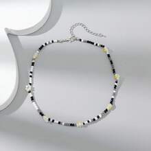 1 pieza Collar de mujer con cuentas de flores y bloques de color, adecuado para uso diario (color de las cuentas aleatorio) - Negro - Ver 3
