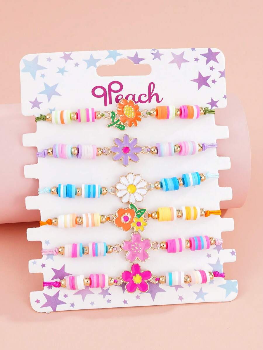6pcs/Set Sunflower, Daisy, Small Flower Pendant Adjustable Children's Bracelet - Multicolor - View 1