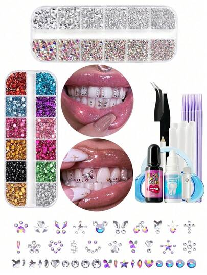 1 套/54 件彩色蝴蝶形牙齿饰品装饰套装，带盒子，简约优雅的牙齿配饰套装，适合日常、派对、节日、舞会（不含胶水）