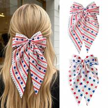 2pcs American Independence Day/Memorial Day, America 250th Anniversary Hair Accessories - Women's Striped & Star Print Chiffon Long Bow Scrunchies, Ponytail Clips, Suitable For Independence Day, Holiday Parties, Daily Wear, Boho Accessories,Summer,Travel - Multicolor - View 2