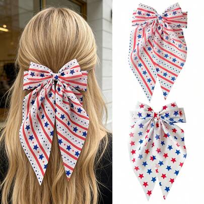 2件套美国独立日/阵亡将士纪念日，美国建国250周年纪念发饰 - 女士条纹星形印花雪纺长蝴蝶结发圈、马尾夹，适合独立日、节日派对、日常佩戴，波西米亚风配饰