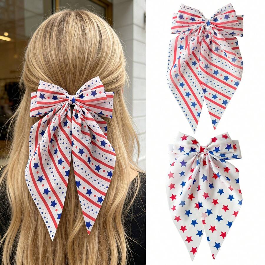 2pcs American Independence Day/Memorial Day, America 250th Anniversary Hair Accessories - Women's Striped & Star Print Chiffon Long Bow Scrunchies, Ponytail Clips, Suitable For Independence Day, Holiday Parties, Daily Wear, Boho Accessories,Summer,Travel