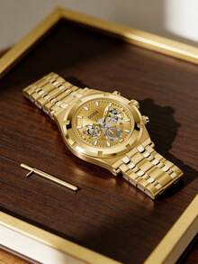 Guess Đồng hồ nam dây đeo hợp kim thép không gỉ mạ vàng, mặt số nhỏ đa chức năng rỗng, đồng hồ đeo tay sang trọng, phù hợp cho công sở và sinh hoạt hàng ngày. - màu nâu - Xem 4