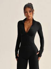 2pcs/Set Purple Zipper Fitted Long Sleeve Top + Loose Wide Leg Pants Yoga Outfit - Black - View 4