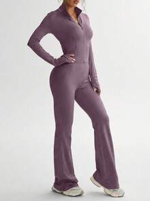 Ensemble Top à manches longues et pantalon de sport slim fit de couleur unie pour femmes, tenue de fitness pour femmes - Rose bonbon - Voir 2