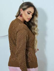 Cardigan Feminino Manga Longa Em Blusa Tricot Com Botoes Casaco Elegante Para Inverno E Uso Diario Blusa Feminina Cardigam Fino - Laranja Queimado - Visão 5