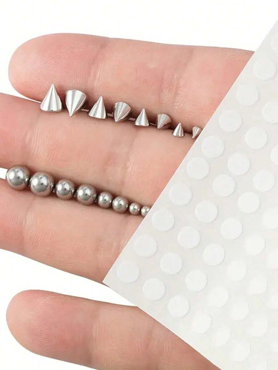 Bộ 16/100 miếng dán xỏ khuyên giả hình nón và hình cầu hỗn hợp, thép không gỉ không cần khoan, khuyên mũi, khuyên môi, lông mày, má - Bạc - Xem 1
