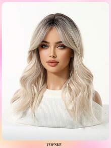 Tóc giả TOPSHE 20 inch màu ombre vàng gợn sóng, độ dài trung bình - Dài ngang vai, rẽ ngôi giữa, sợi tổng hợp chịu nhiệt, tóc giả dành cho nữ, tự nhiên và chân thực, kiểu dáng thanh lịch phù hợp cho sử dụng hàng ngày và các bữa tiệc, năm mới, ngày Valentine. - Tóc vàng ombre - Xem 4